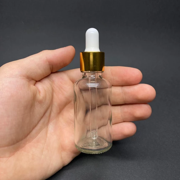 30Ml Şeffaf Cam Damlalıklı Şişe , Gold Metalik Kapak  ,  30 Cc Saydam Cam Damlalıklı Şişe x 6 Adet ürün görseli 1