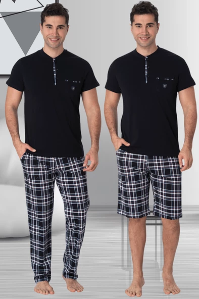 Mecit 2901 Lacivert Ekoseli Büyük Beden Erkek 3'lü Pijama Takımı ürün görseli 1