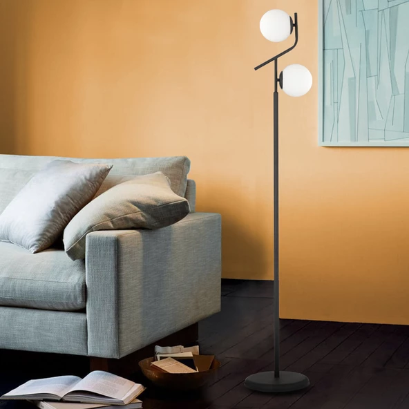 Velar Siyah Beyaz Camlı Modern Tasarım Metal Lambader ürün görseli 1