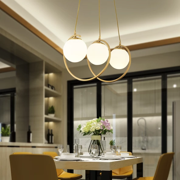 Jarry 3Lü Beyaz Camlı Eskitme Boyalı Modern Tasarım Yemek Masası Üstü Salon Avize ürün görseli 1