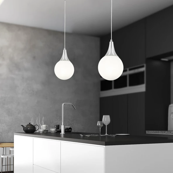 Damla Tekli Krom Beyaz Camlı 2Li Modern Sarkıt Mutfak Salon Avize  Seti ürün görseli 1