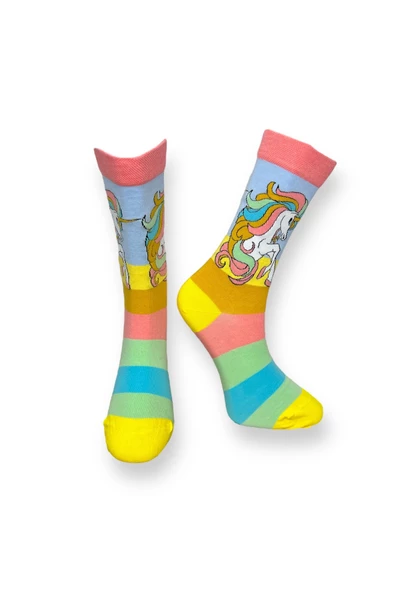 Me-vo Tekli Çok Renkli Bay/Bayan Unisex Esnek Nem Alabilen Pamuklu Unicorn Desenli Soket Çorap ürün görseli 1