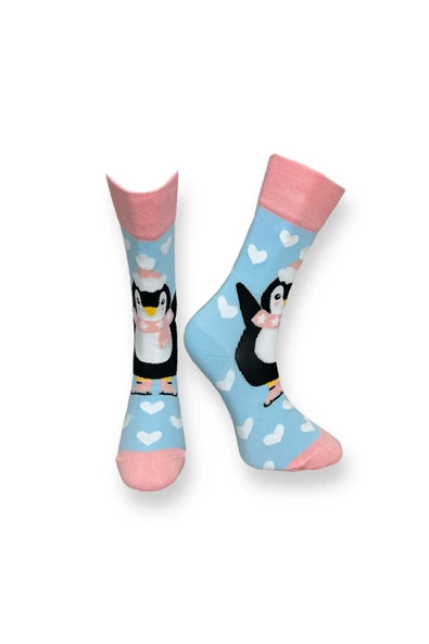 Me-vo Tekli Açık Mavi Renkli Bay/Bayan Unisex Esnek Nem Alabilen Pamuklu Penguen Desenli Soket Çorap ürün görseli 1