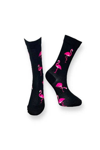 Me-vo Tekli Siyah Renkli Bay/Bayan Unisex Esnek Nem Alabilen Pamuklu Flamingo Desenli Soket Çorap ürün görseli 1
