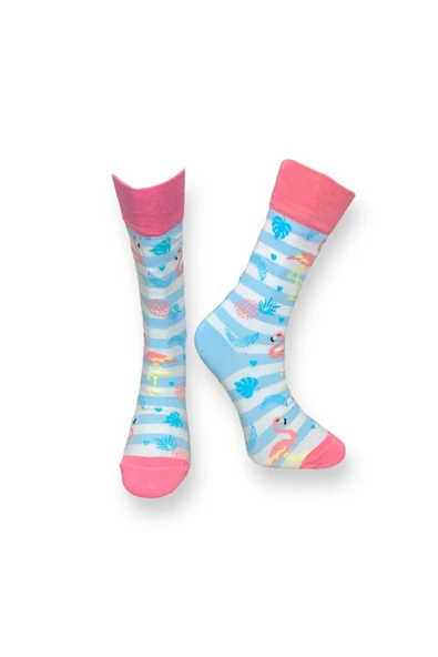 Me-vo Tekli Açık Mavi Renkli Bay/Bayan Unisex Esnek Nem Alabilen Pamuklu Flamingo Desenli Soket Çorap ürün görseli 1