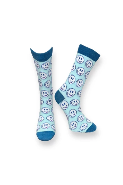 Me-vo Tekli Mavi Renkli Bay/Bayan Unisex Esnek Nem Alabilen Pamuklu Emoji Desenli Soket Çorap ürün görseli 1
