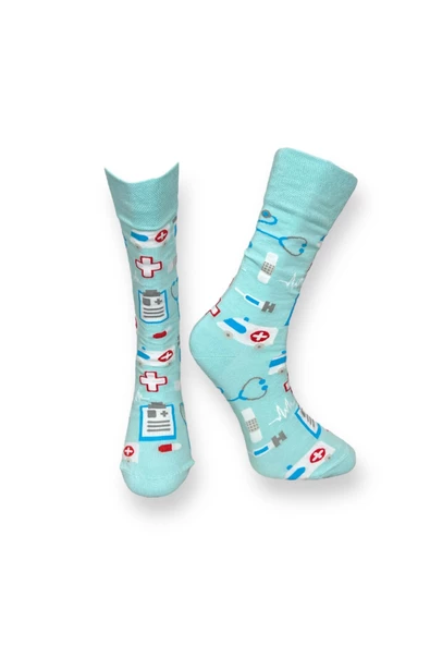 Me-vo Tekli Açık Mavi Renkli Bay/Bayan Unisex Esnek Nem Alabilen Pamuklu Nurse Yazılı Soket Çorap ürün görseli 1