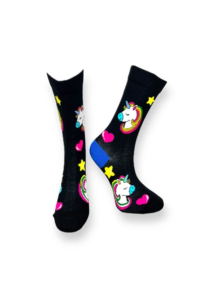 Me-vo Tekli Siyah Renkli Bay/Bayan Unisex Esnek Nem Alabilen Pamuklu Unicorn Desenli Soket Çorap ürün görseli 1