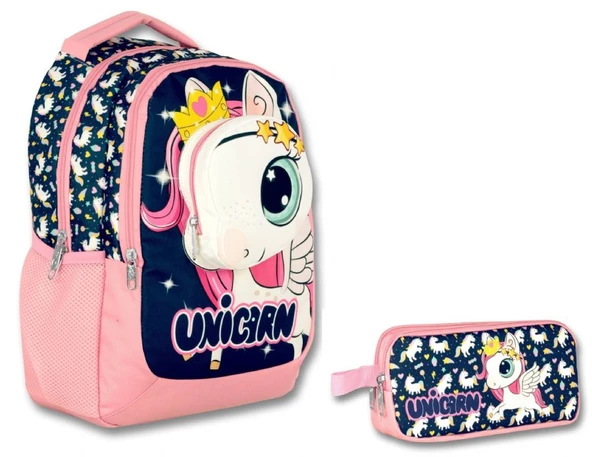 Cennec 3 Boyutlu Kız Çocuk Lacivert-Pembe Unicorn İlkokul Çantası ve Kalemlik Seti ürün görseli 1