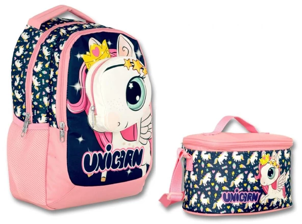Cennec 3D Unicorn İlkokul Sırt Çantası ve Beslenme Çantası Seti - Kız Çocuk - Lacivert-Pembe ürün görseli 1