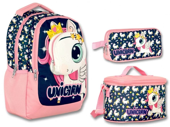 Cennec 3D Unicorn Lacivert-Pembe Kız Çocuk Üçlü İlkokul Çanta Seti ürün görseli 1