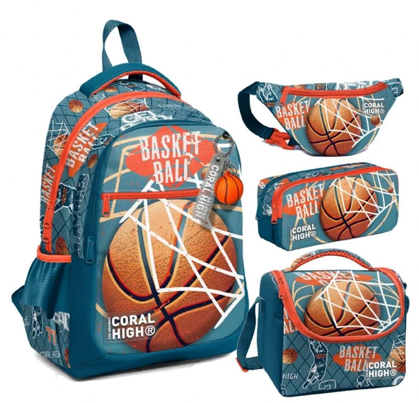 Coral High Nefti Turuncu Basketbol Desenli Erkek Çocuk Okul Beslenme Kalemlik ve Bel Çantası Seti - İlkokul İçin Uygun ürün görseli 1