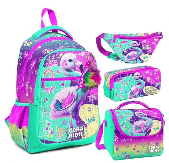 Coral High Pembe Su Yeşili Flamingo Desenli Kız Çocuk Okul Beslenme Kalemlik ve Bel Çantası Seti - İlkokul İçin Uygun ürün görseli 1