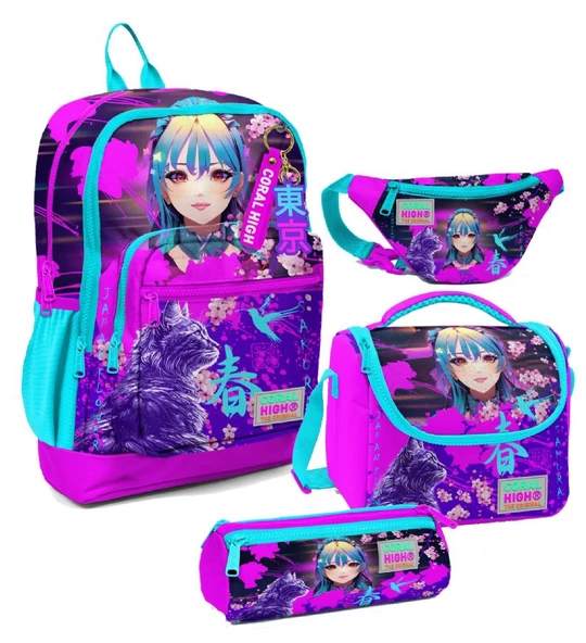 Coral High Kız Çocuk Mor Pembe Anime Kedi Desenli İlkokul Okul Çanta Seti ve Bel Çantası ürün görseli 1
