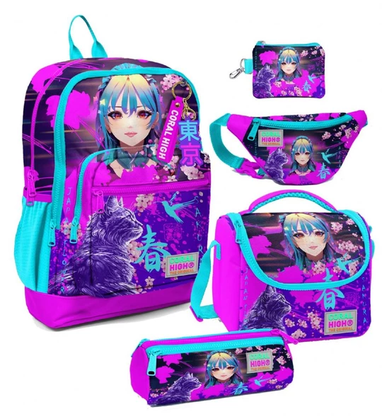 Coral High Kız Çocuk Mor Pembe Anime Kedi Desenli Beşli İlkokul Okul Çanta Seti ürün görseli 1