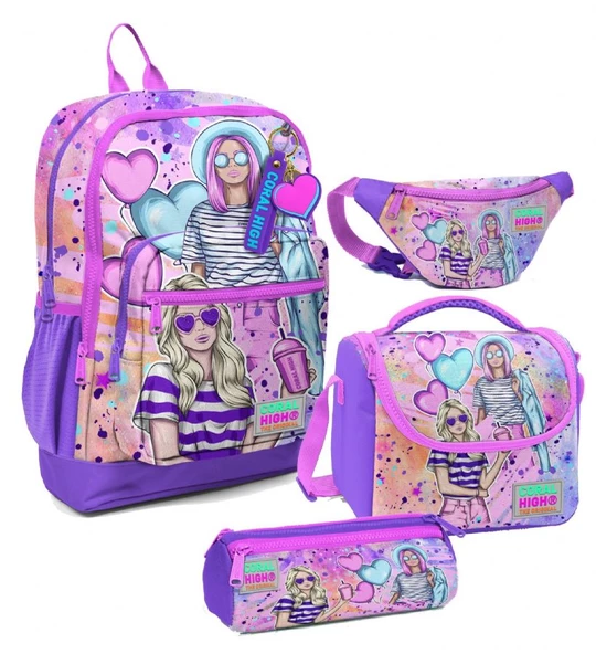 Coral High Kız Çocuk Pembe Mor Fashion Girl Desenli İlkokul Okul Çanta Seti ve Bel Çantası ürün görseli 1