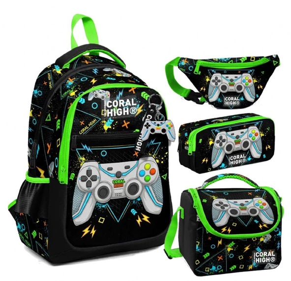 Coral High Siyah Fosforlu Yeşil Gamer Desenli Erkek Çocuk Okul Beslenme Kalemlik ve Bel Çantası Seti - İlkokul İçin Uygun ürün görseli 1