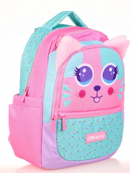 Kaukko Kids Yeşil Pembe Sevimli Kedi Kız Çocuk Okul Sırt Çantası ürün görseli 1