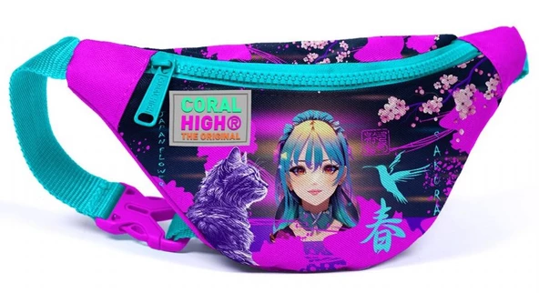 Coral High Mor Pembe Anime Kedi Baskılı Kız Çocuk Bel Çantası ürün görseli 1