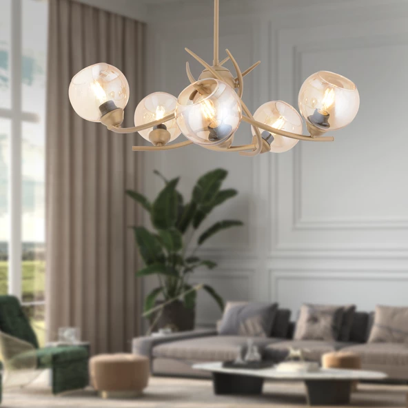 Pireal 5'li Yuvarlak Eskitme Bal Camlı Modern Oturma Odası Salon Avize ürün görseli 1