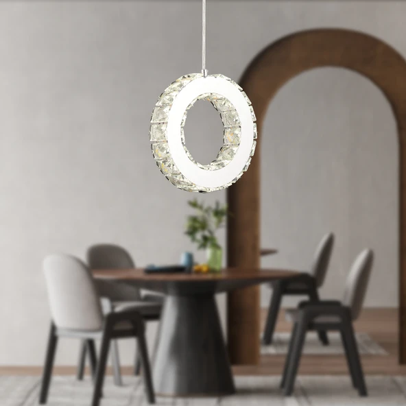 Akanay Tekli Krom Ledli 3 Renkli Sarkıt Kristalli Taşlı Modern Tasarım Led Kristal Top Salon Avize ürün görseli 1