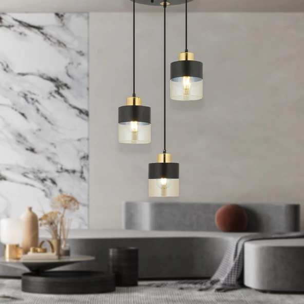 Boris 3Lü Yuvarlak Siyah Gold  Sarkıt Modern Genç Odası Mutfak Retro Salon Avize ürün görseli 1