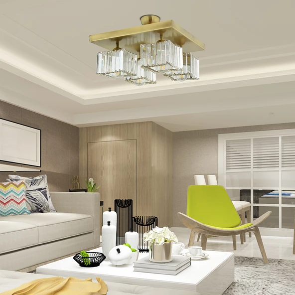 Rivia 4 Lü Eskitme Plafonyer Kristalli Taşlı Modern Tasarım Kristal Salon Avize ürün görseli 1