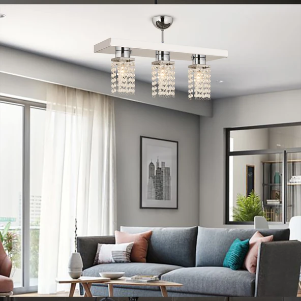 Peter 3Lü Sıralı Krom  Kristalli, Taşlı Modern Tasarım Kristal Salon Avize ürün görseli 1