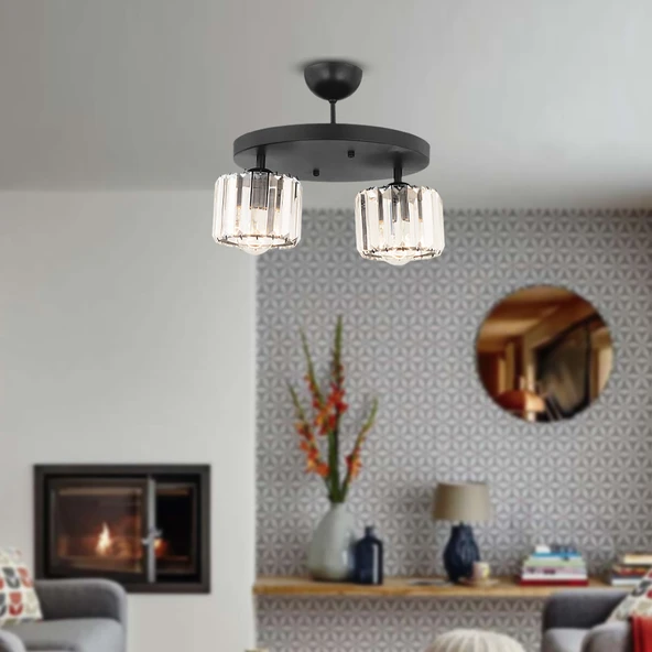 Sabrina 2Li Siyah Kristalli Taşlı Modern Tasarım Kristal Salon Plafonyer Avize ürün görseli 1