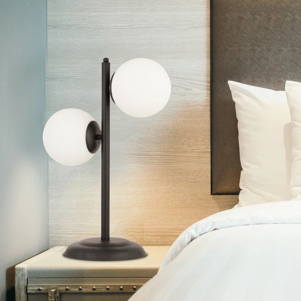 Siena 2Li Siyah Boyalı Beyaz Camlı Masa Lambası Modern Tasarım -Yatak Odası-Salon Retro Abajur ürün görseli 1