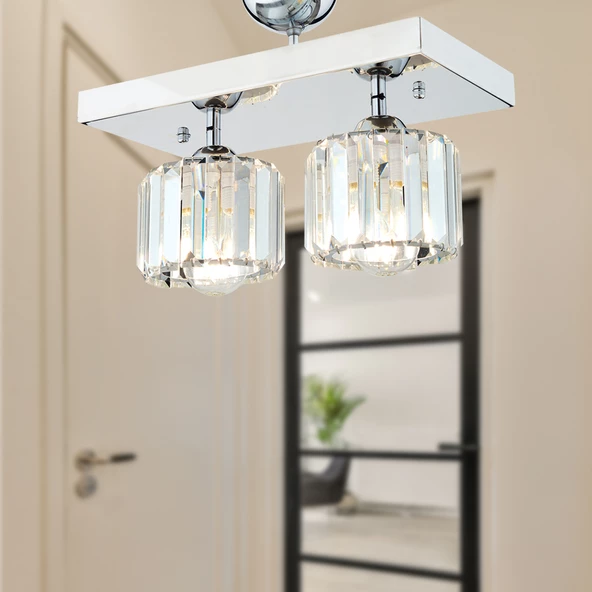 Sabrina 2 Li Krom Kaplama Plafonyer Kristalli Taşlı Modern Tasarım Kristal Salon Avize ürün görseli 1