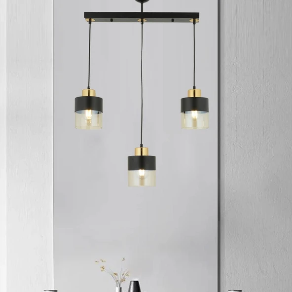 Boris 3Lü Sıralı Siyah Gold Sarkıt Modern Genç Odası Mutfak Retro Salon Avize ürün görseli 1