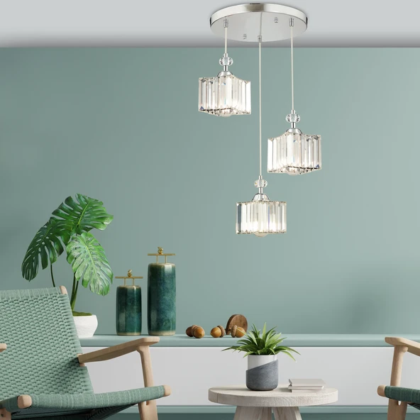 Kuğu 3 Lü Krom  Kristalli, Taşlı Modern Tasarım Kristal Salon Sarkıt Avize ürün görseli 1