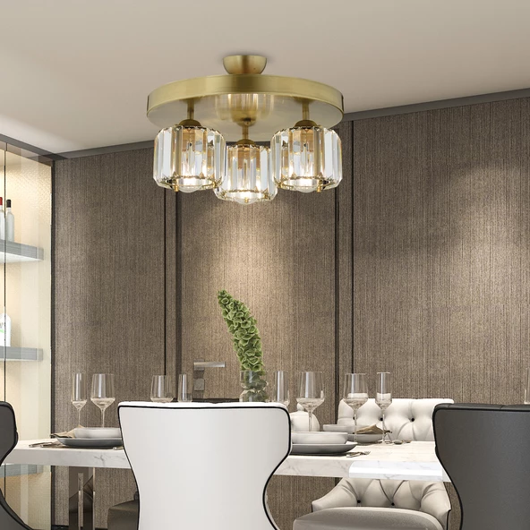 Sabrina 3 Lü Yuvarlak Eskitme Plafonyer Kristalli Taşlı Modern Tasarım Kristal Salon Avize ürün görseli 1