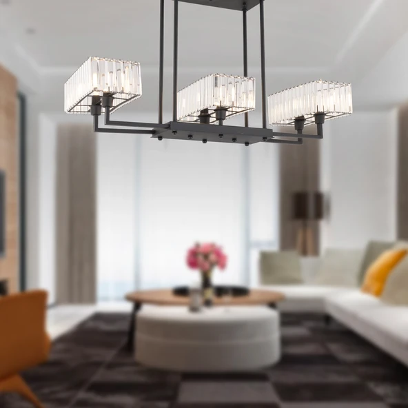 Brambles 6'lı Siyah Kristalli Taşlı Modern Tasarım Kristal Salon Avize ürün görseli 1