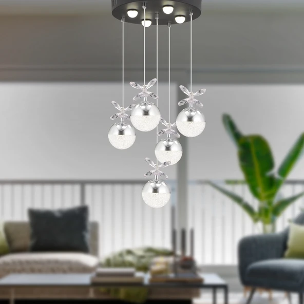 Lokken 5'li Yuvarlak 42 Watt Krom Kristal Ledli Modern Oturma Odası Salon Sarkıt Avize ürün görseli 1