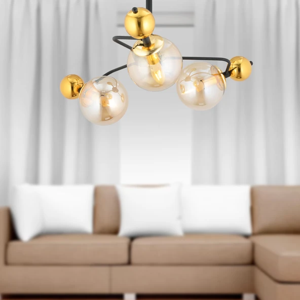Florit 3'lü Siyah Gold Modern Oturma Odası Salon Avize ürün görseli 1