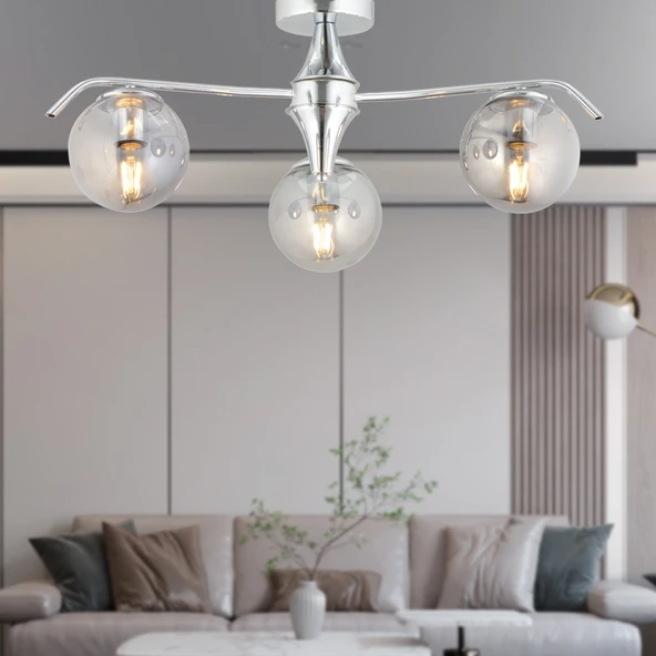 Diaspor 3li Yuvarlak Krom Füme Camlı Modern Sarkıt Genç Odası Yatak odası Retro Salon Avize ürün görseli 1