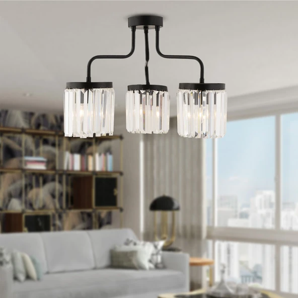 Ayan 3Lü Siyah Kristalli Taşlı Modern Tasarım Kristal Salon Avize ürün görseli 1