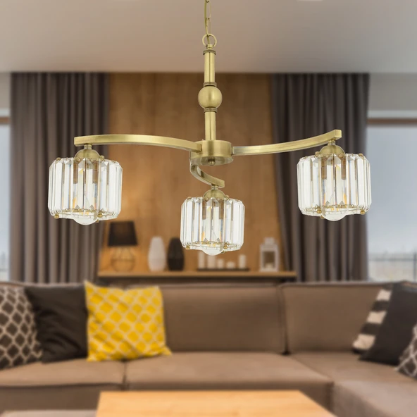 Amir 3 Kollu Eskitme Kristalli Taşlı Modern Tasarım Kristal Salon Avize ürün görseli 1