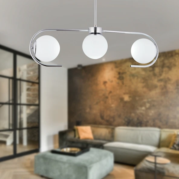Diaspor 3lü Sıralı Krom Beyaz Camlı Modern Sarkıt Genç Odası Yatak odası Retro Salon Avize ürün görseli 1