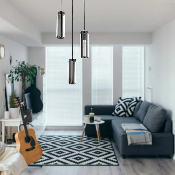 Natali 3 Lü Siyah Kristalli, Taşlı Modern Tasarım Kristal Salon Sarkıt Avize ürün görseli 1