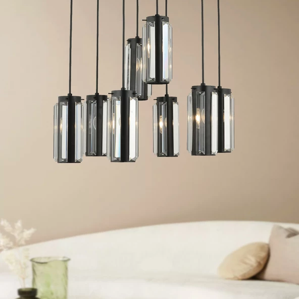 Natali 8 Li Yuvarlak Siyah Modern Kristalli, Taşlı Modern Tasarım Kristal Salon Sarkıt Avize ürün görseli 1