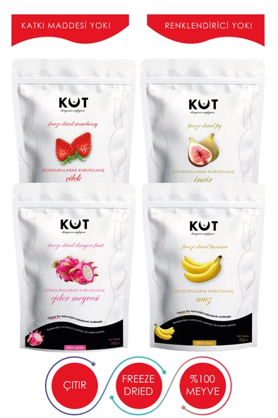 Freeze Dried Meyve Paketi. Dondurularak Kurutulmuş Çilek+İncir+Ejder Meyvesi+Muz (4x20 g.) ürün görseli 1