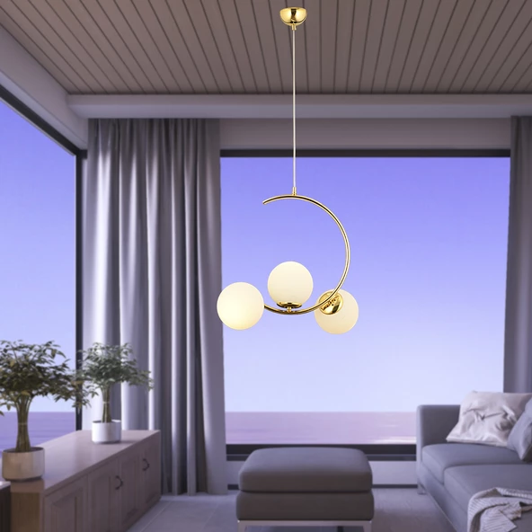 Ladre 3Lü Beyaz Camlı Gold Modern Sarkıt, MutfakYatak odası Salon Avize ürün görseli 1