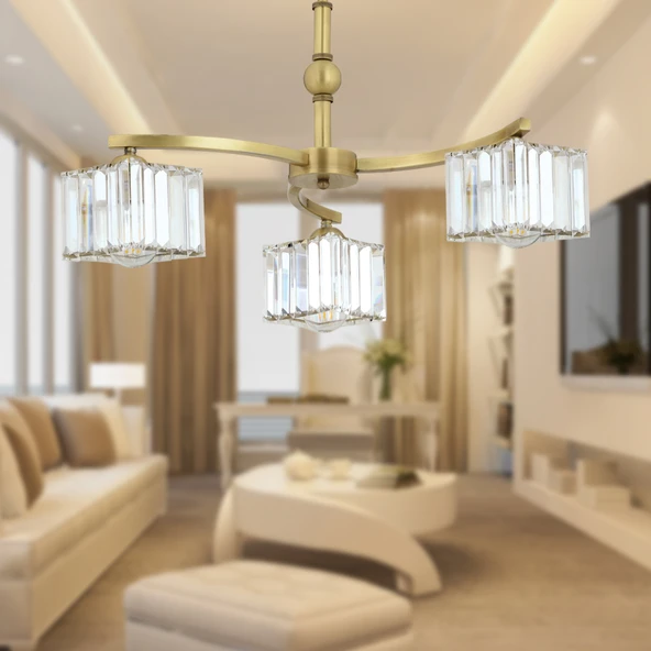 Rima 3 Kollu Eskitme Kristalli Taşlı Modern Tasarım Salon-Yatak Odası Kristal Salon Avize ürün görseli 1