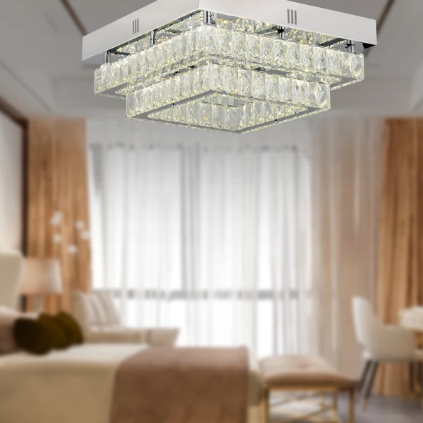 Apliqa Modina 2 Katlı Krom Ledli 3 Renkli 70 Watt Kristalli Taşlı Modern Tasarım Led  Kristal Salon Avize ürün görseli 1