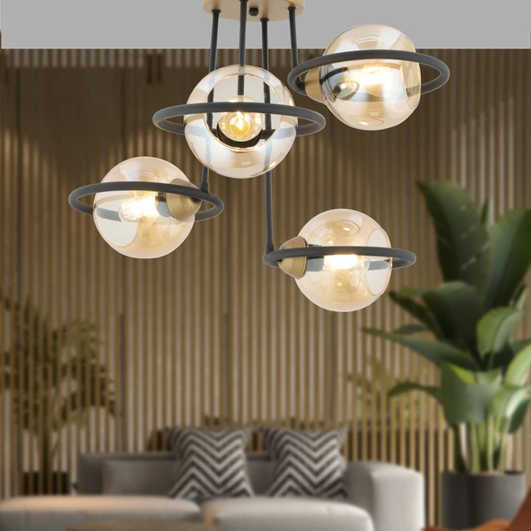 Becca 4'lü Siyah Eskitme Bal Camlı Top Avize Modern Oturma Odası Salon Avize ürün görseli 1