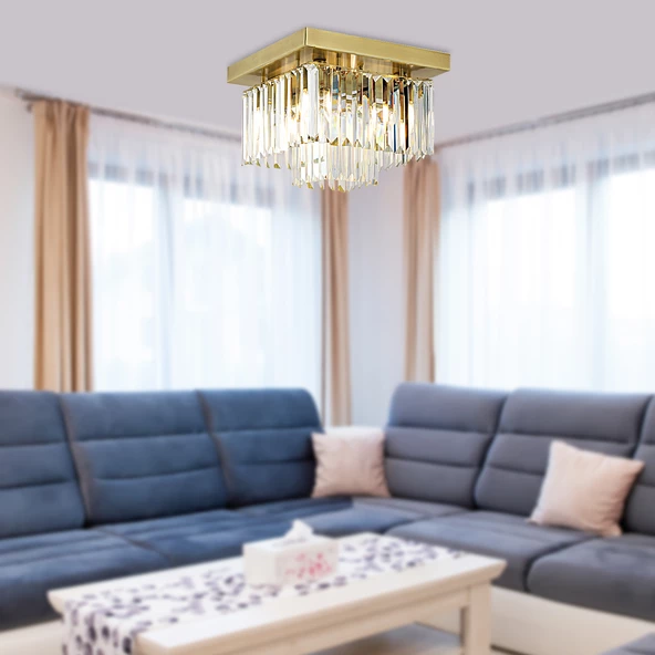 Nilüfer 2 Katlı Küçük Eskitme Kare Kristalli Taşlı Modern Tasarım Kristal Salon Avize ürün görseli 1