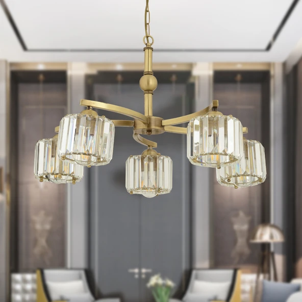 Amir 5 Kollu Eskitme Kristalli Taşlı Modern Tasarım Kristal Salon Avize ürün görseli 1